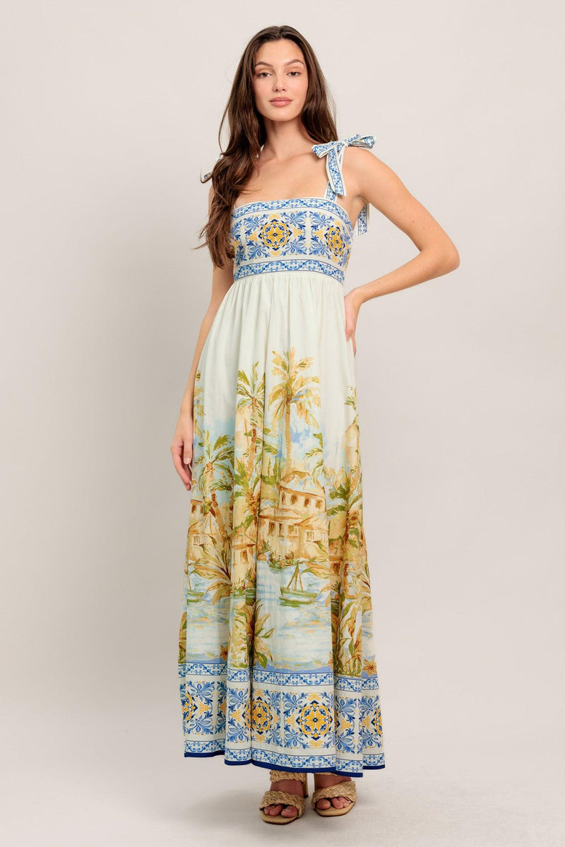 Square Neck Floor-Length Scenic Print A-Line Garden Party Maxi Dress Flying Tomato ID23246