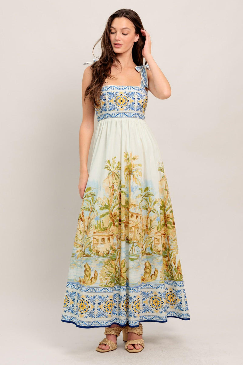 Square Neck Floor-Length Scenic Print A-Line Garden Party Maxi Dress Flying Tomato ID23246
