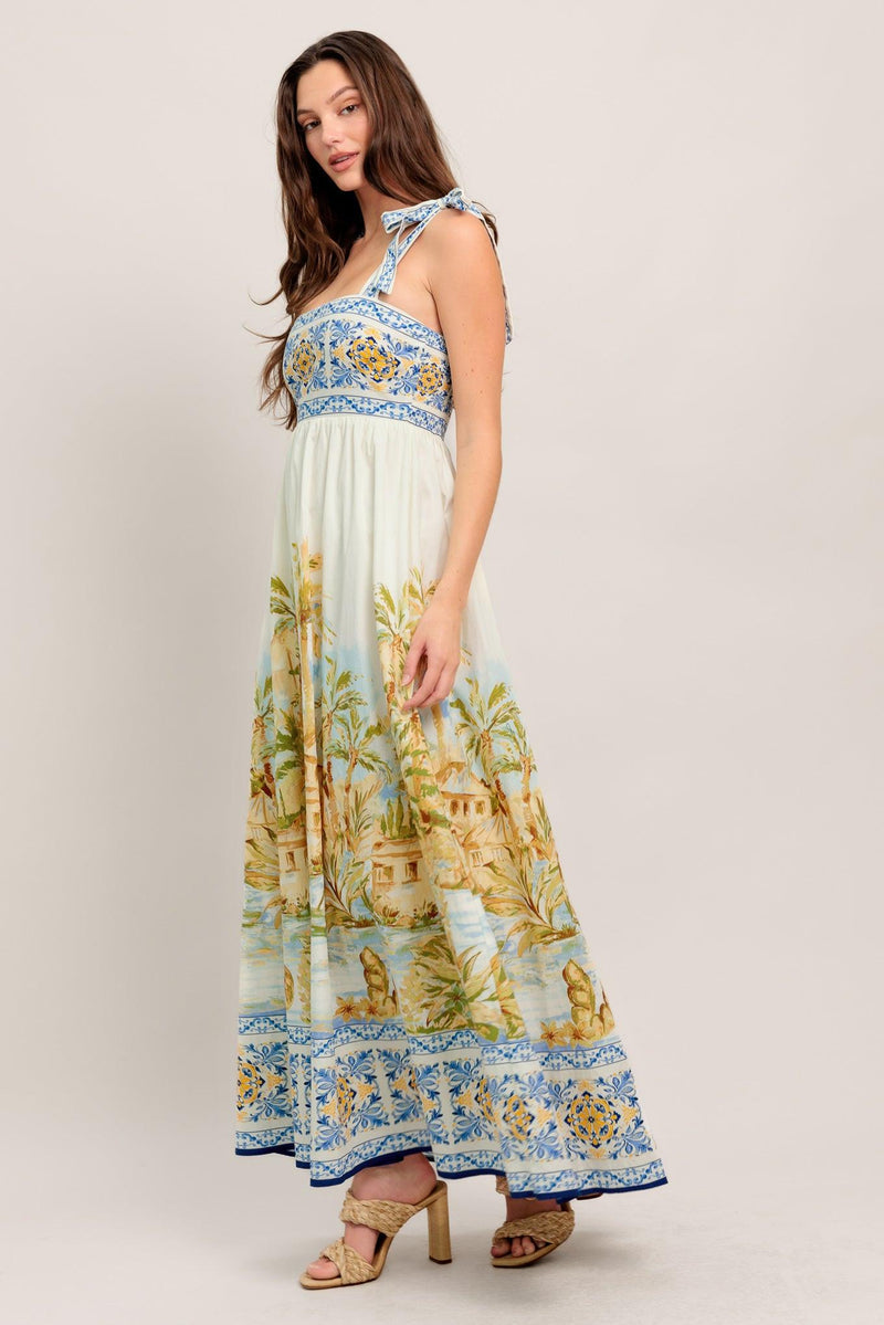 Square Neck Floor-Length Scenic Print A-Line Garden Party Maxi Dress Flying Tomato ID23246