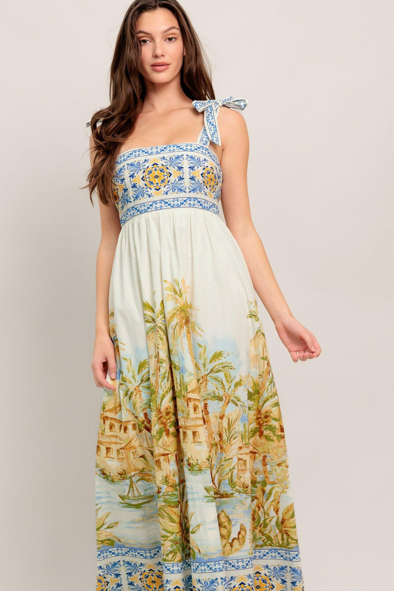 Square Neck Floor-Length Scenic Print A-Line Garden Party Maxi Dress Flying Tomato ID23246