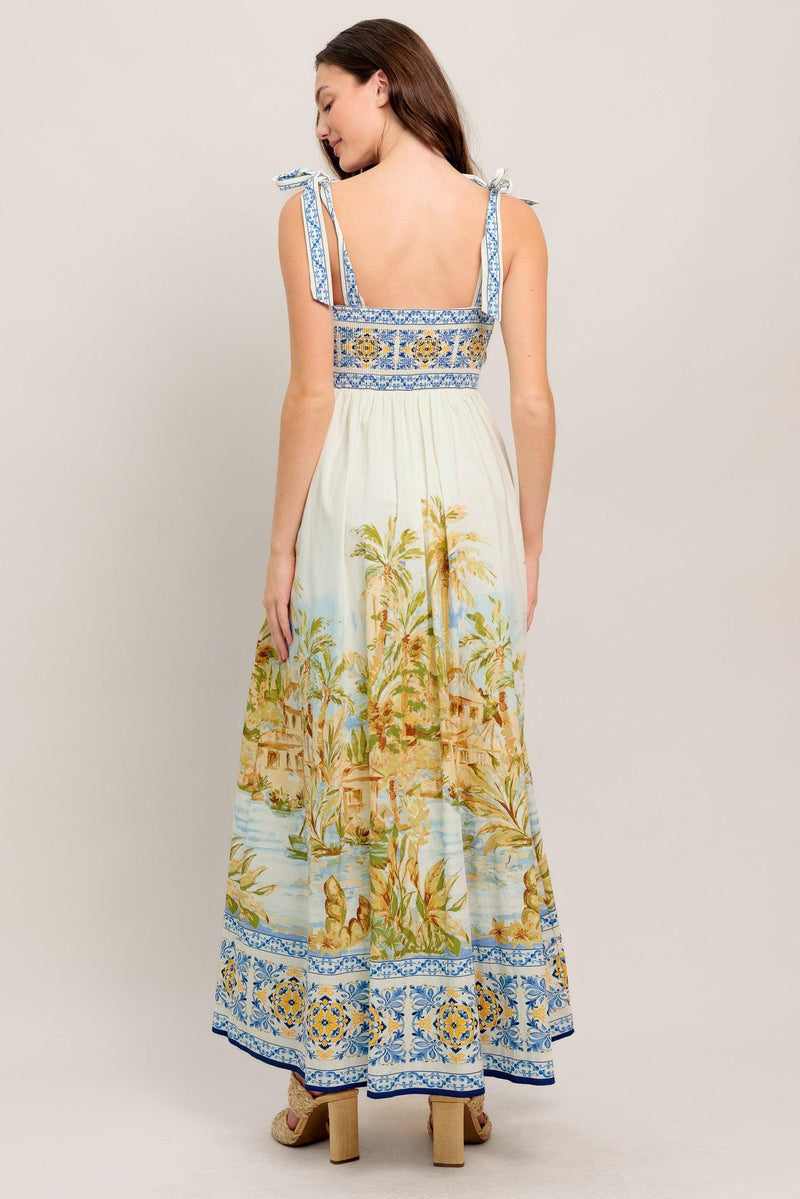 Square Neck Floor-Length Scenic Print A-Line Garden Party Maxi Dress Flying Tomato ID23246