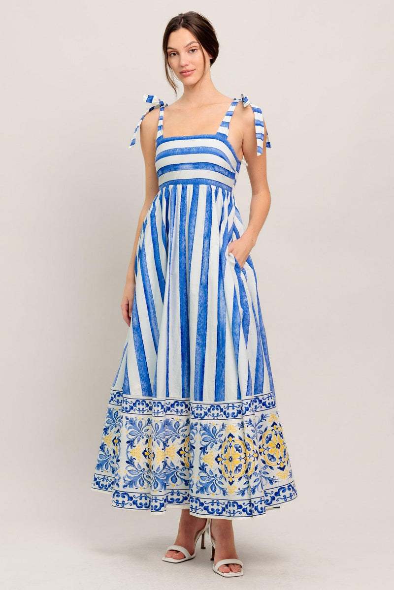 garden party midi dress BLUE HORIZON BEAUTY WOVEN MIDI DRESS L FLYING TOMATO BLUE White STRIPE / L