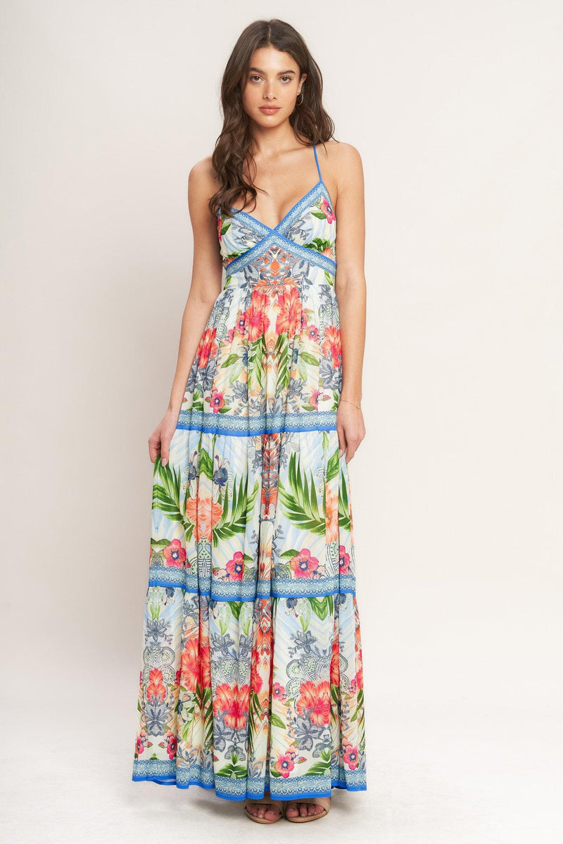 V-Neck Floor-Length Chiffon Tropical Floral A-Line Maxi Dress Flying Tomato ID23269