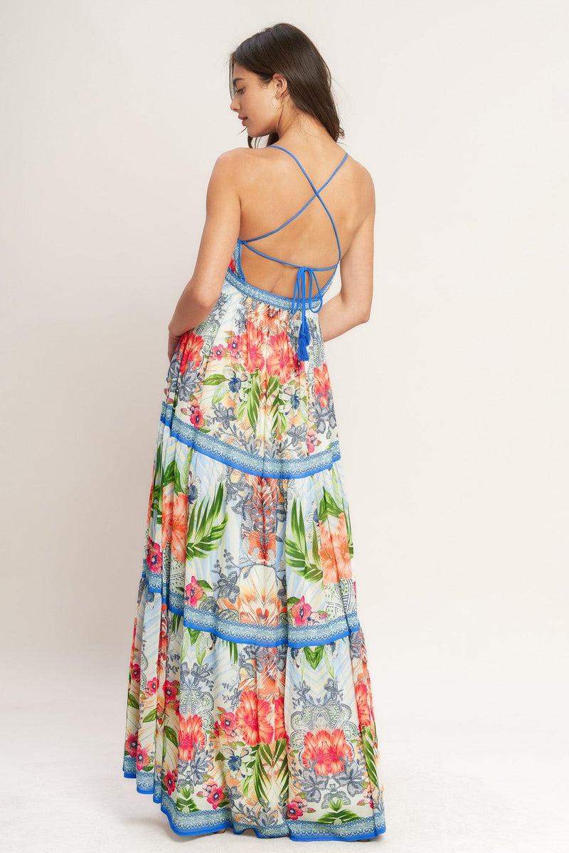 V-Neck Floor-Length Chiffon Tropical Floral A-Line Maxi Dress Flying Tomato ID23269