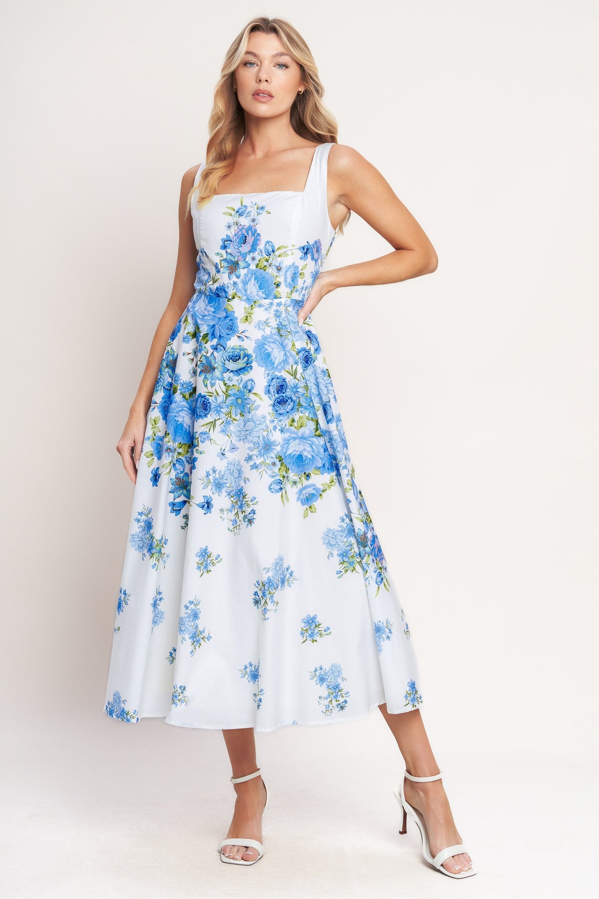 White/Blue Square Neck Midi Cotton Floral Cocktail Dress Wide Strap Fit and Flare Dress Flying Tomato ID23272