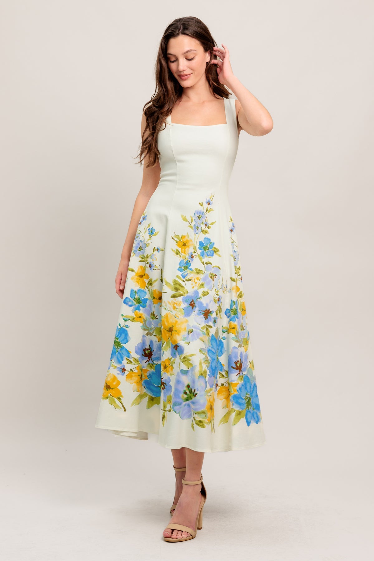 Off White Square Neck Midi Floral Print Cocktail A-Line Dress Flying Tomato ID23274