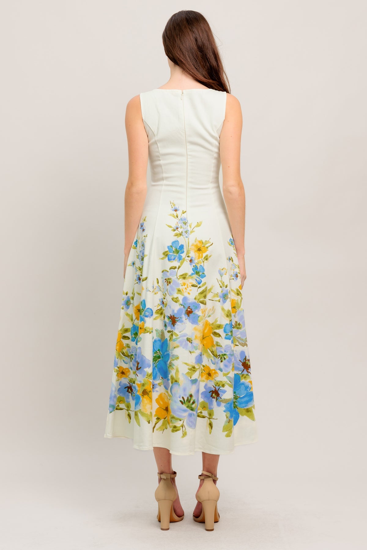 Off White Square Neck Midi Floral Print Cocktail A-Line Dress Flying Tomato ID23274