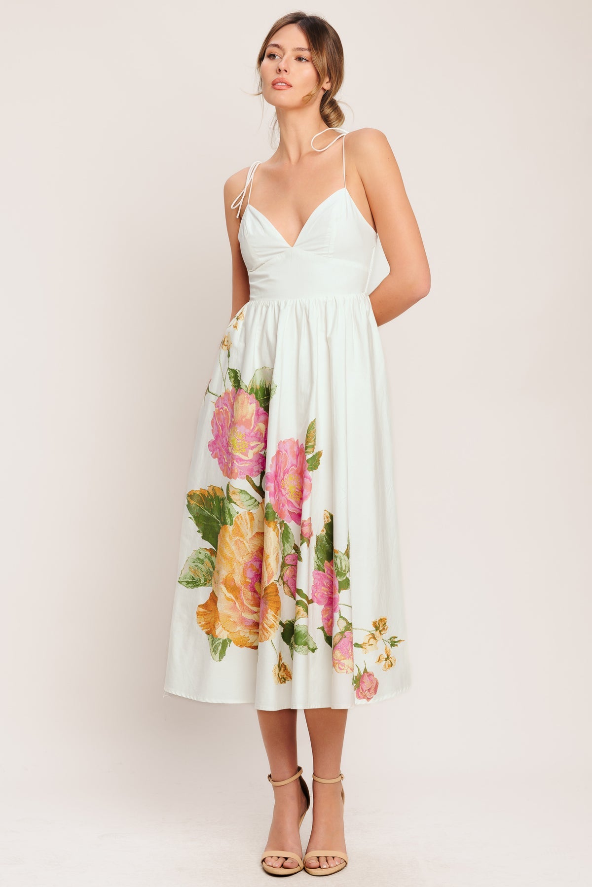 Ivory V Neck Midi Cotton Floral Cocktail Dress Fit and Flare Midi Gown Flying Tomato ID23275