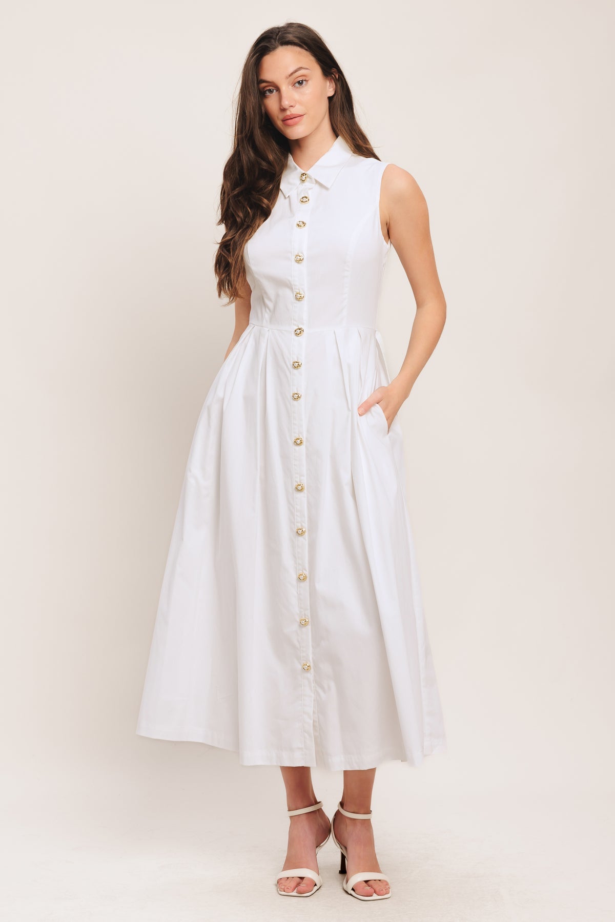 White Bateau Midi Cotton Cocktail Pleated Shirt Dress Flying Tomato ID23291