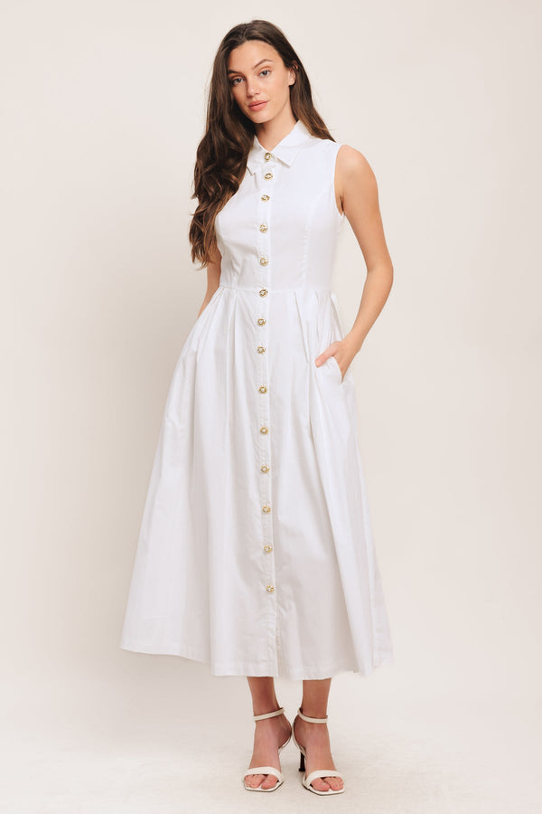 Bateau Midi Cotton Cocktail Pleated Shirt Dress Flying Tomato ID23291