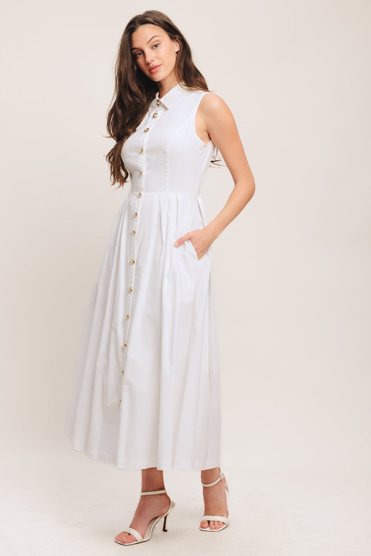 White Bateau Midi Cotton Cocktail Pleated Shirt Dress Flying Tomato ID23291