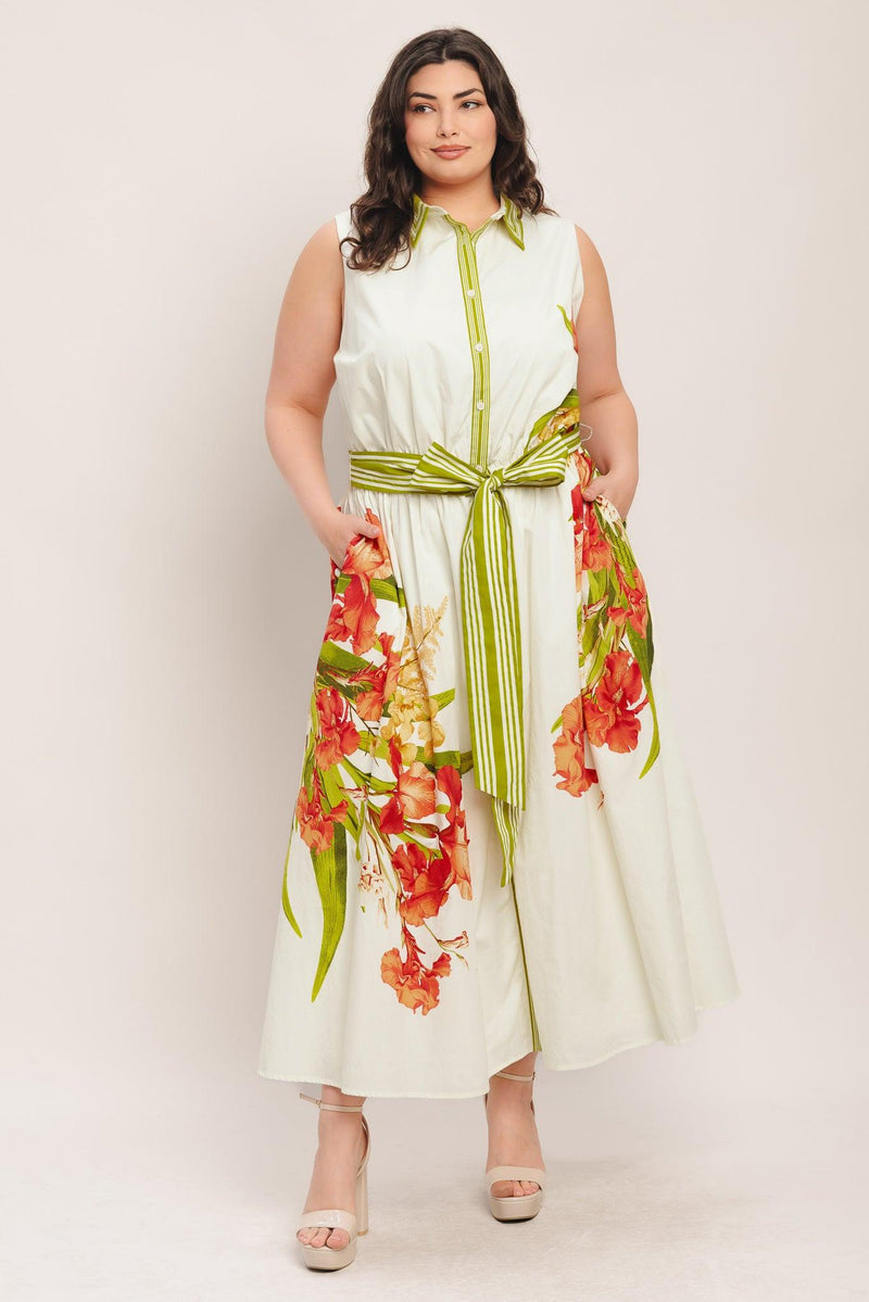 Jewel Neck Midi Floral Print Wedding Guest A-Line Dress Flying Tomato ID23304