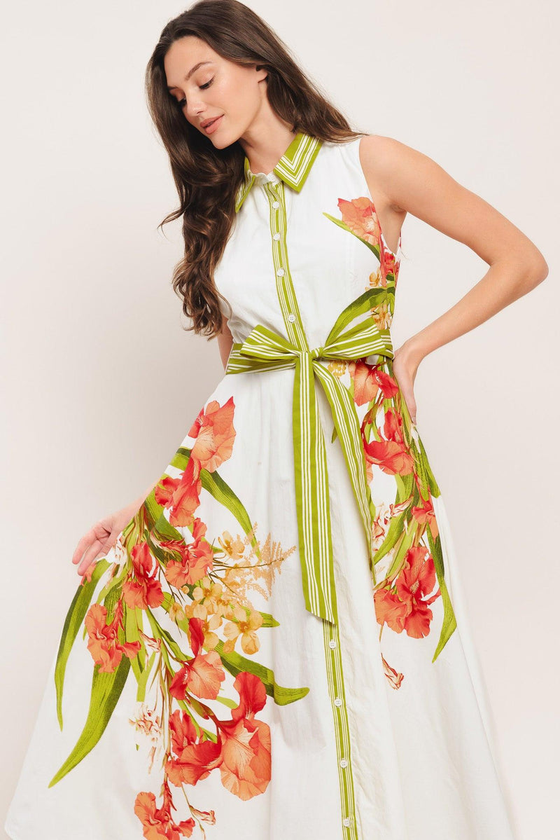 Jewel Neck Midi Floral Print Wedding Guest A-Line Dress Flying Tomato ID23304