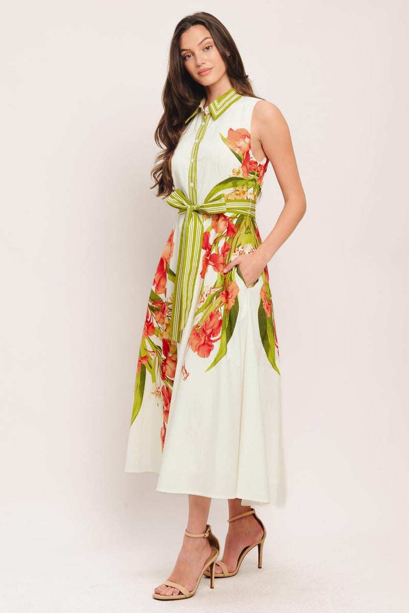 Jewel Neck Midi Floral Print Wedding Guest A-Line Dress Flying Tomato ID23304