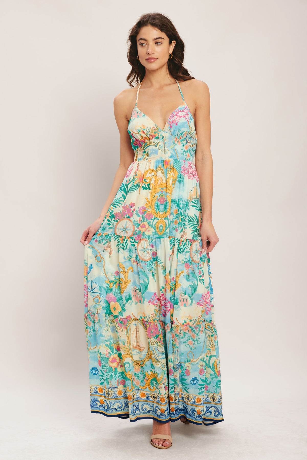 Ivory Multi V Neck Maxi Woven Printed Casual Dress with Tiered Skirt Flying Tomato ID23355