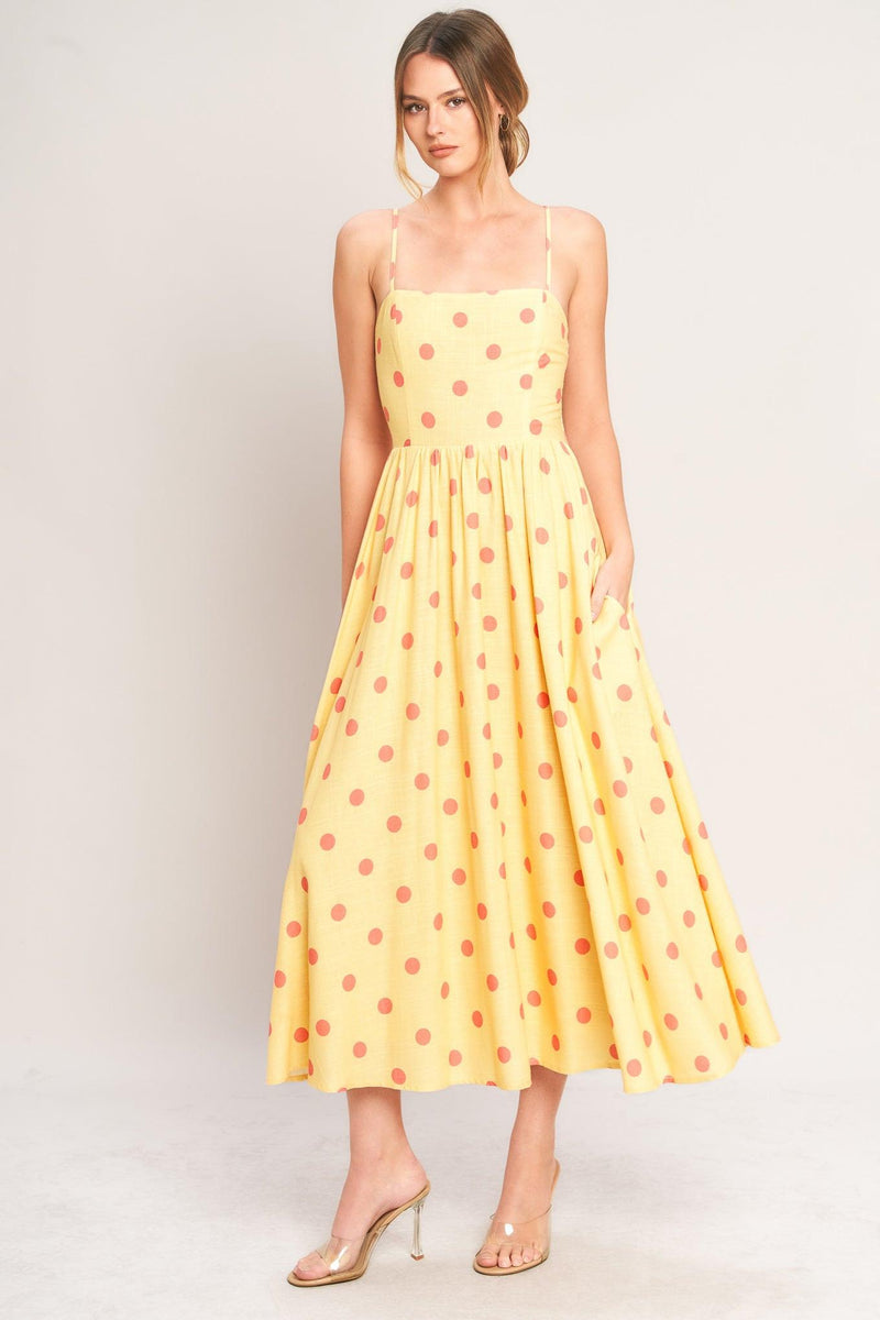 midi a line dress party wear Square Neck Midi Polka Dot A-Line Dress