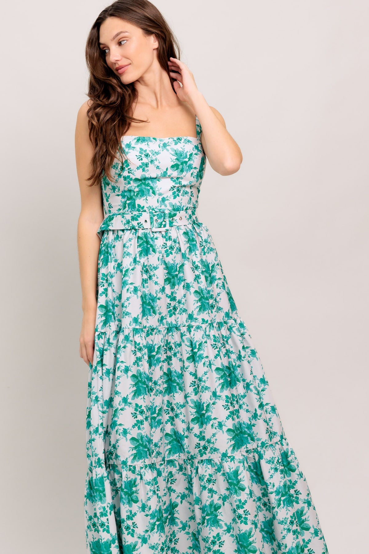 Off White/Jade Square Neck Midi Cotton Poplin Floral Cocktail Dress with Belt Flying Tomato ID23360