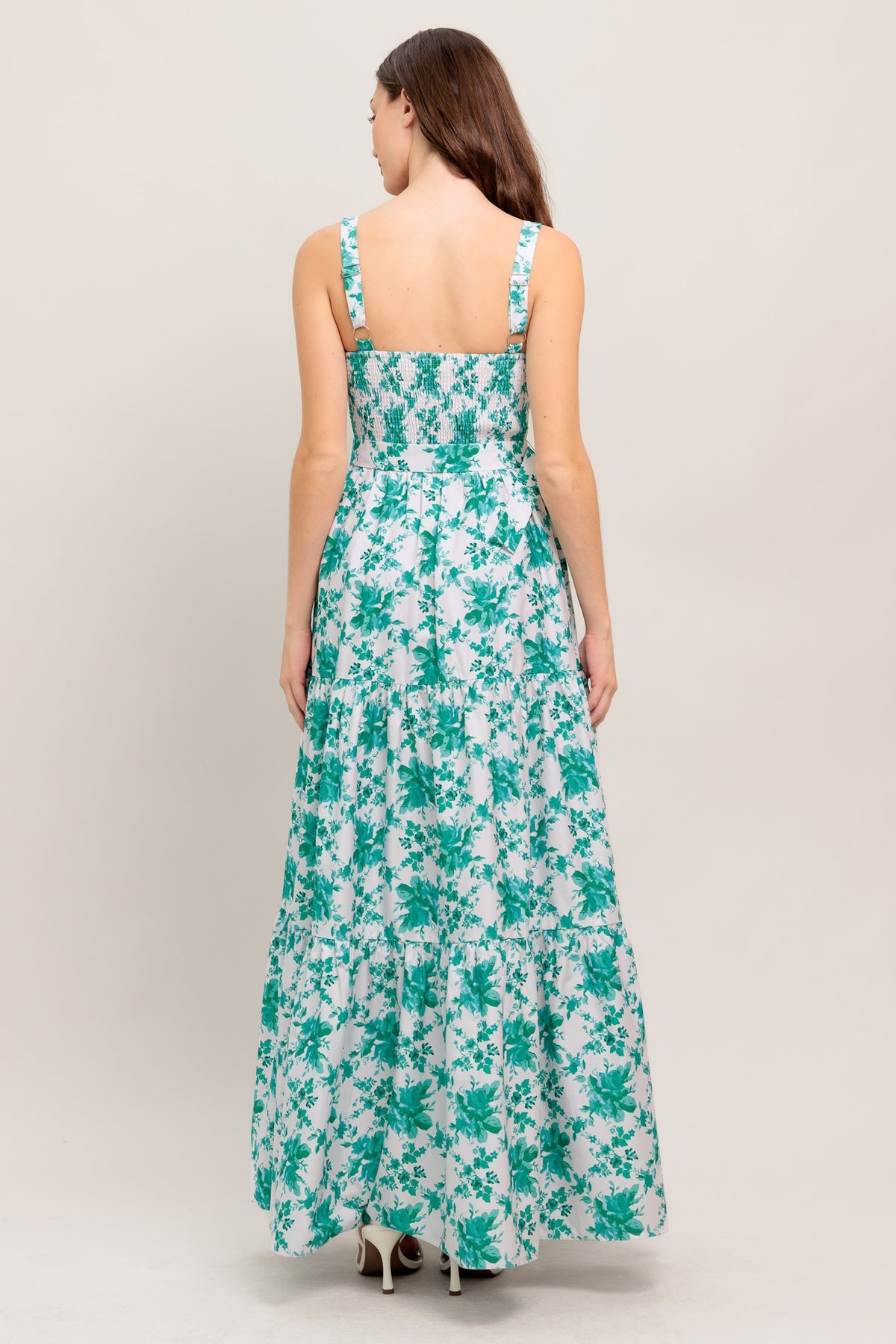 Off White/Jade Square Neck Midi Cotton Poplin Floral Cocktail Dress with Belt Flying Tomato ID23360