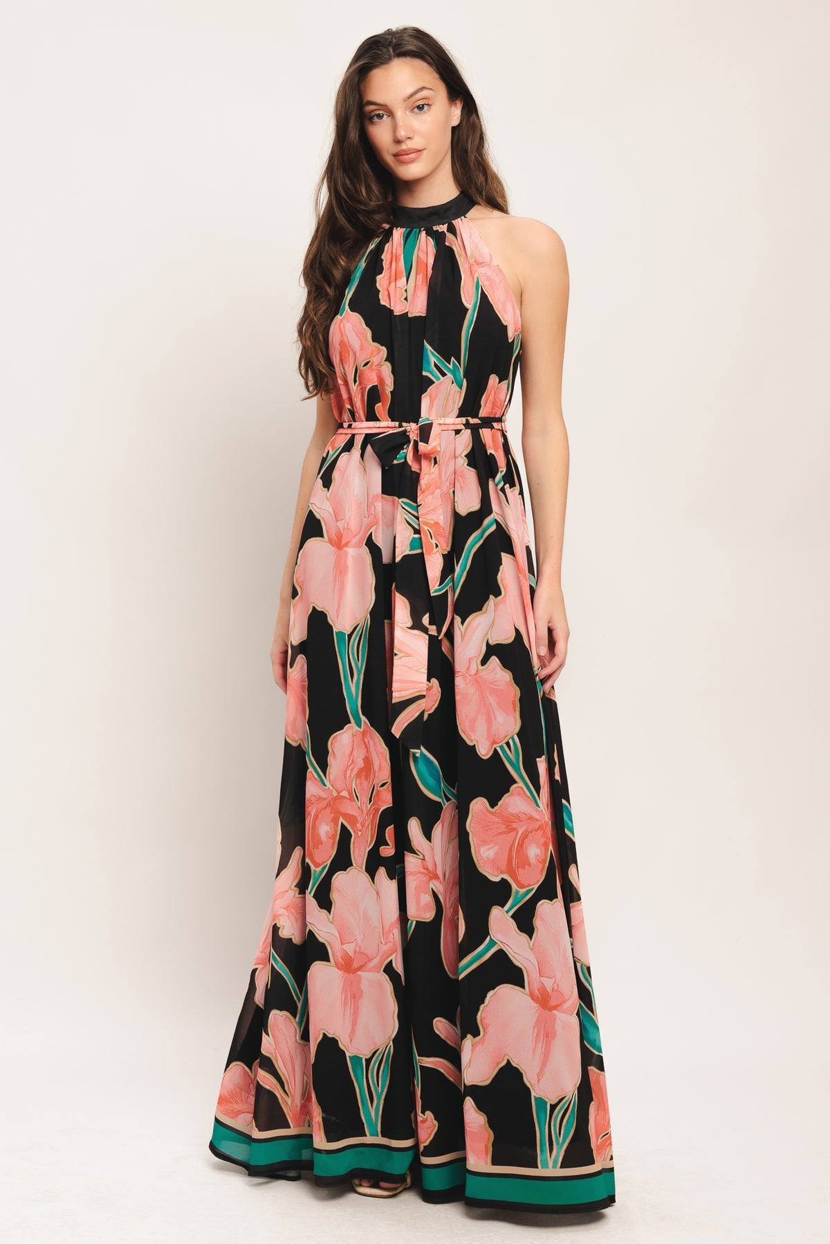 Black Floral Halter Floor Length Chiffon Casual Floral Print Maxi Dress with Waist Tie Flying Tomato ID23368