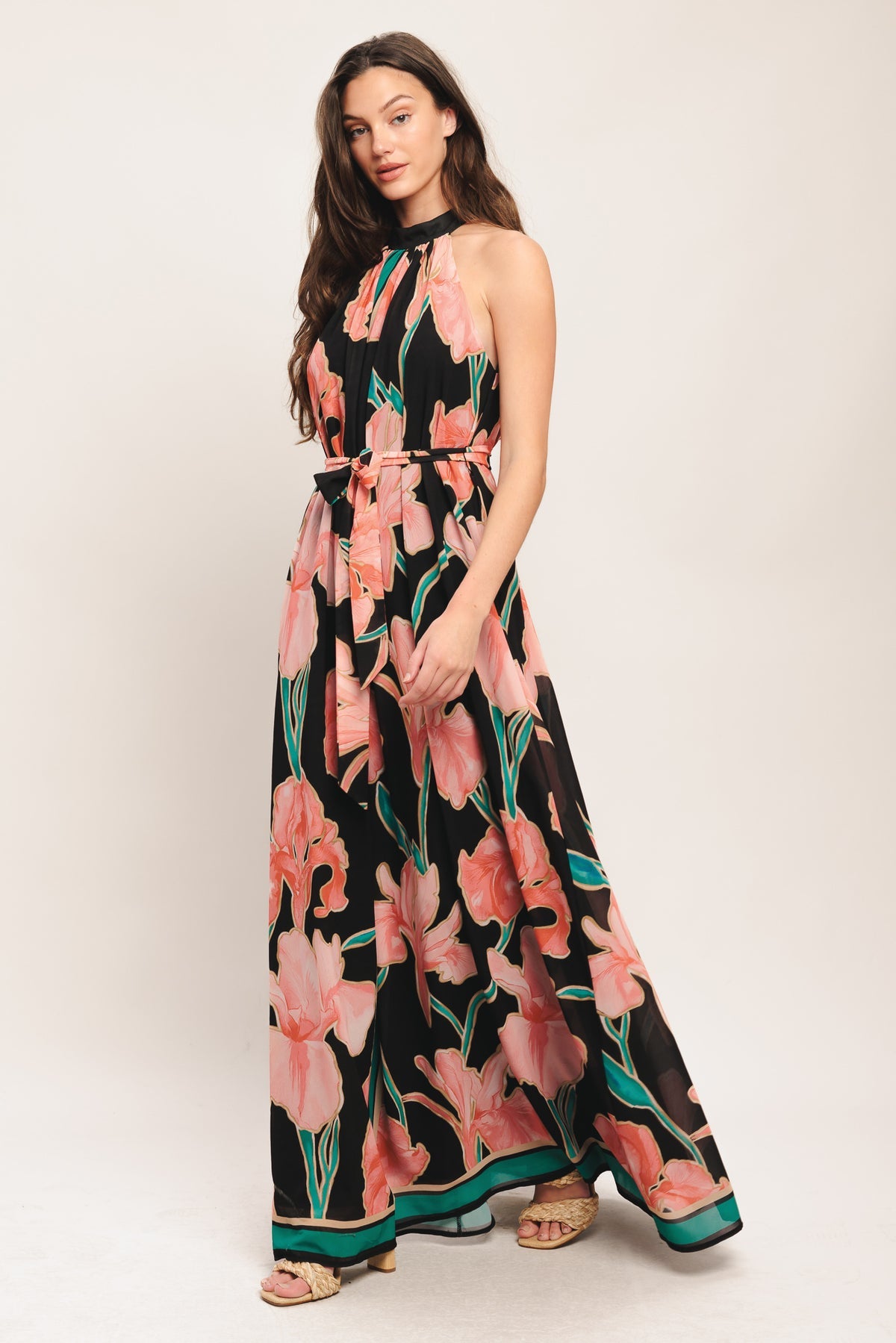 Black Floral Halter Floor Length Chiffon Casual Floral Print Maxi Dress with Waist Tie Flying Tomato ID23368