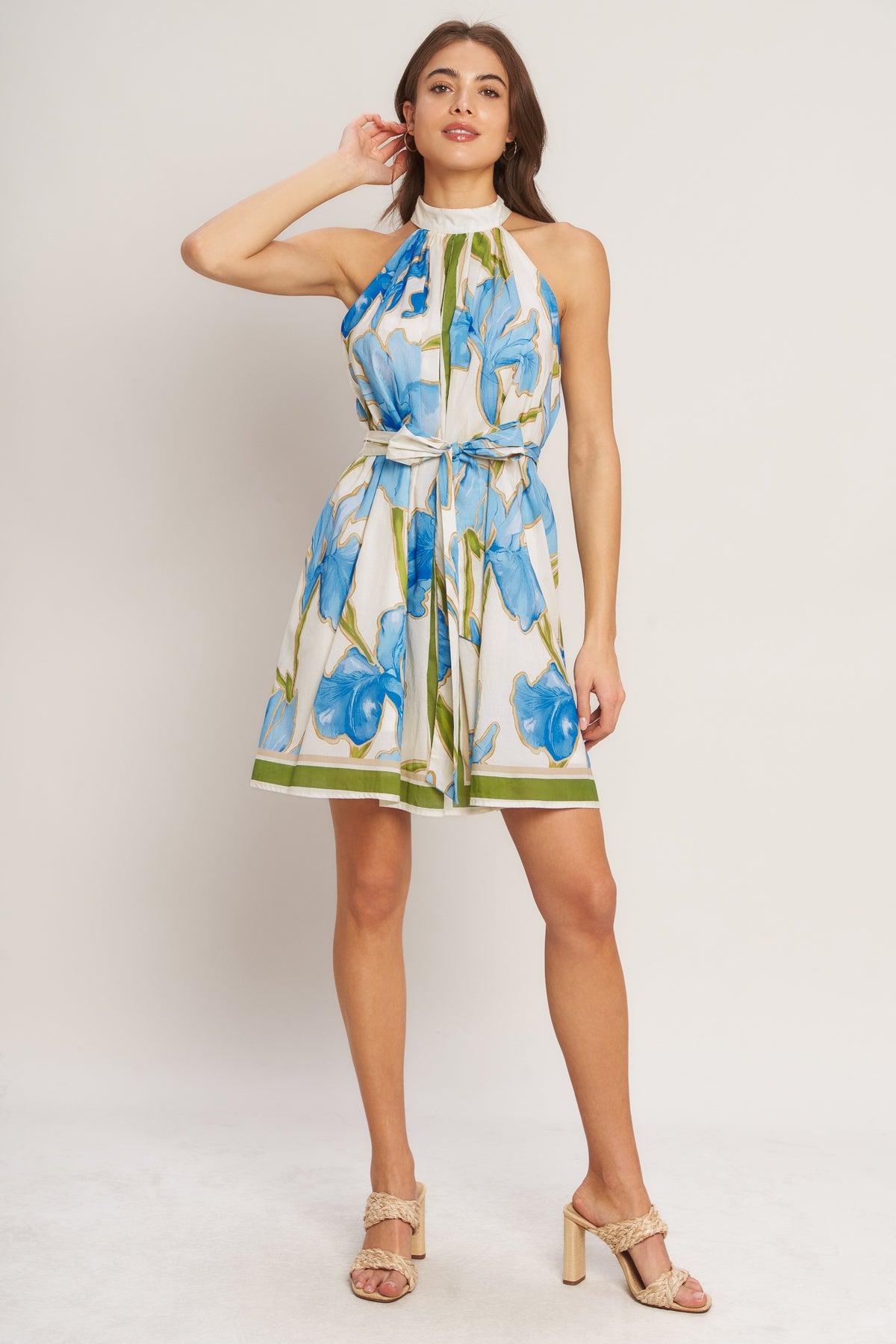 Off White/Blue Halter Mini Cotton Floral Cocktail Dress Fit and Flare Mini Dress Flying Tomato ID23369