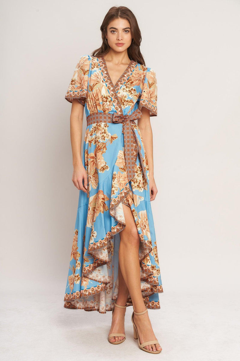 V-Neck High-Low Jersey Wedding Guest A-Line Dress Flying Tomato ID23373