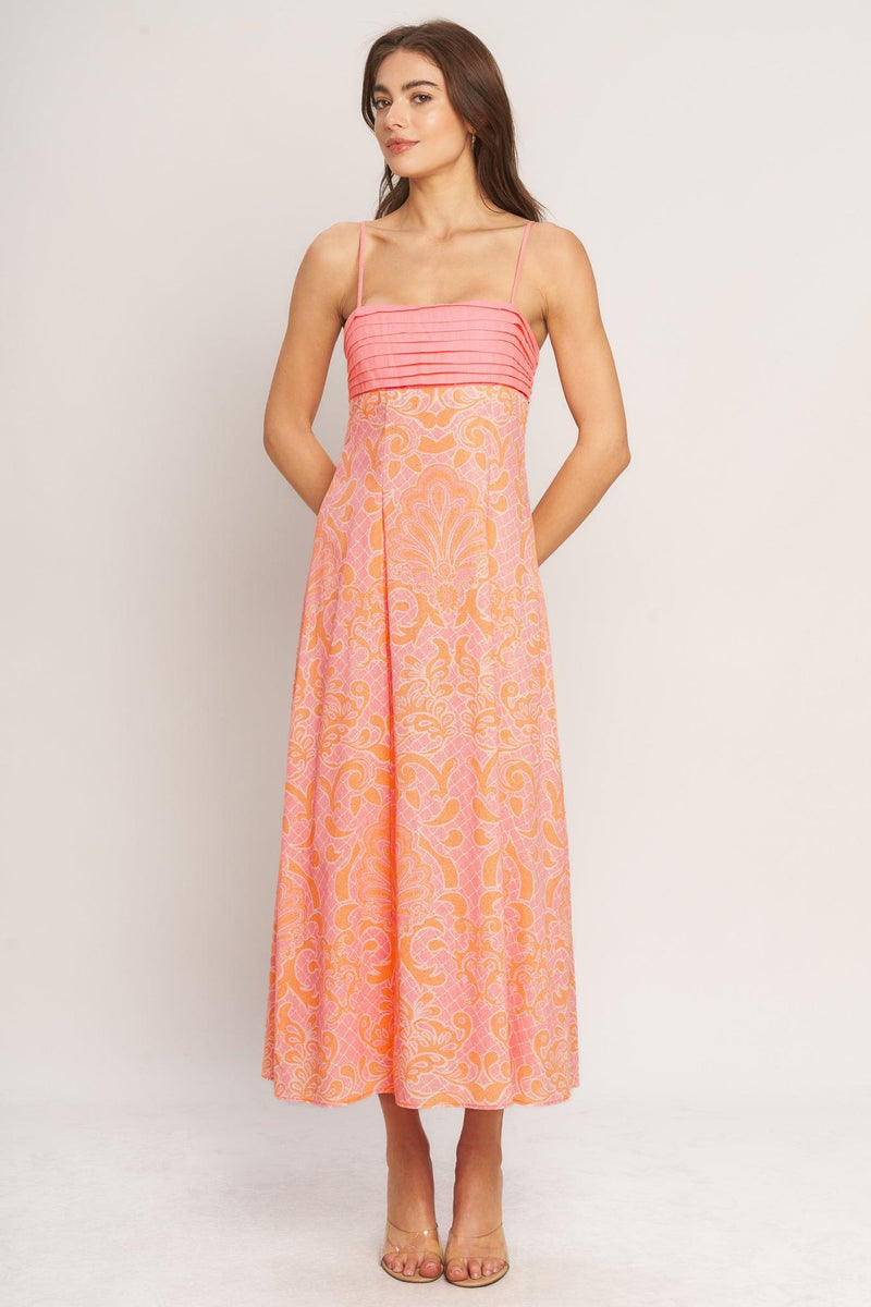 Square Neck Midi Crepe Wedding Guest A-Line Dress Flying Tomato ID23391