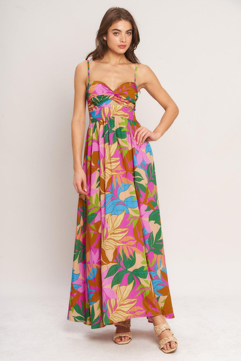 TROPIC FIESTA WOVEN MAXI DRESS, BROWN PINK MULTI / L