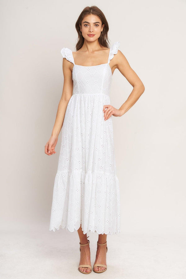 Square Neck Midi Eyelet Lace Wedding Guest A-Line Dress Flying Tomato ID23411