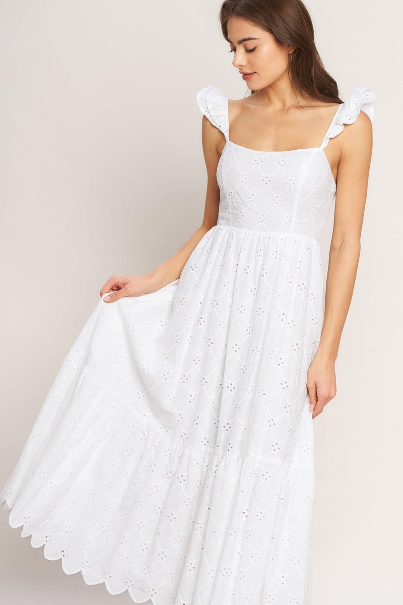 Square Neck Midi Eyelet Lace Wedding Guest A-Line Dress Flying Tomato ID23411