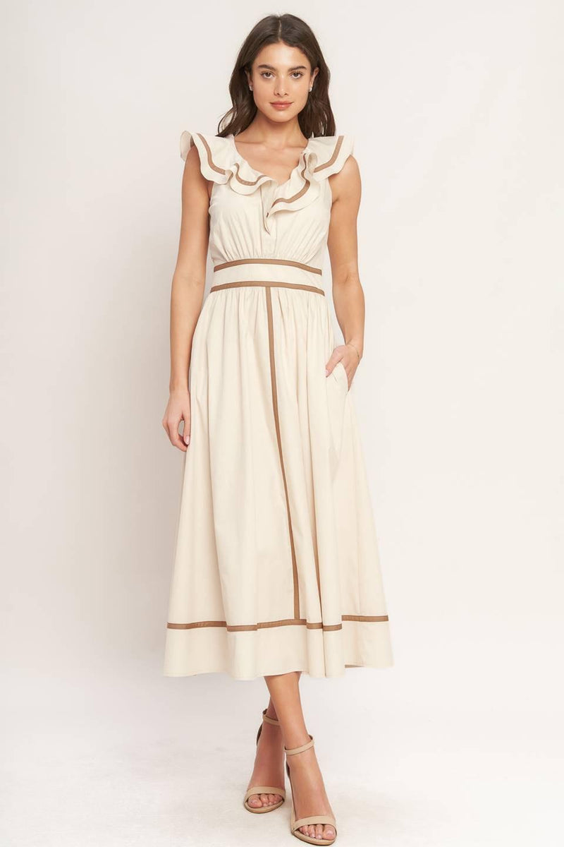 V-Neck Midi Crepe Wedding Guest A-Line Dress Flying Tomato ID23432