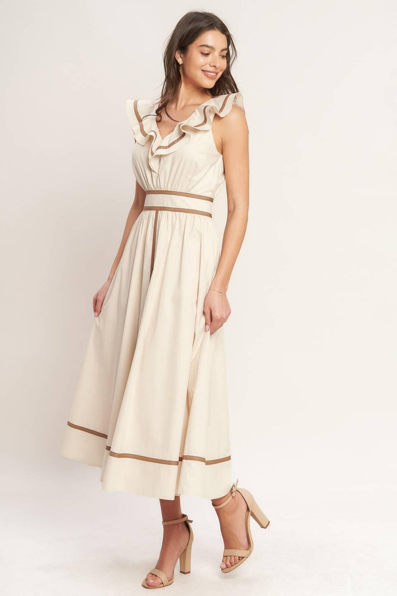 V-Neck Midi Crepe Wedding Guest A-Line Dress Flying Tomato ID23432