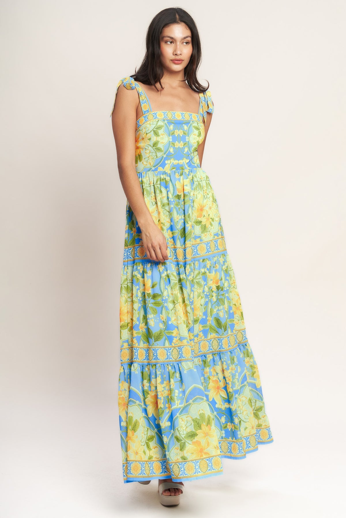 Light Blue Square Neck Tea Length Cotton Cocktail Summer Tie-Strap Tiered Dress Flying Tomato ID23436