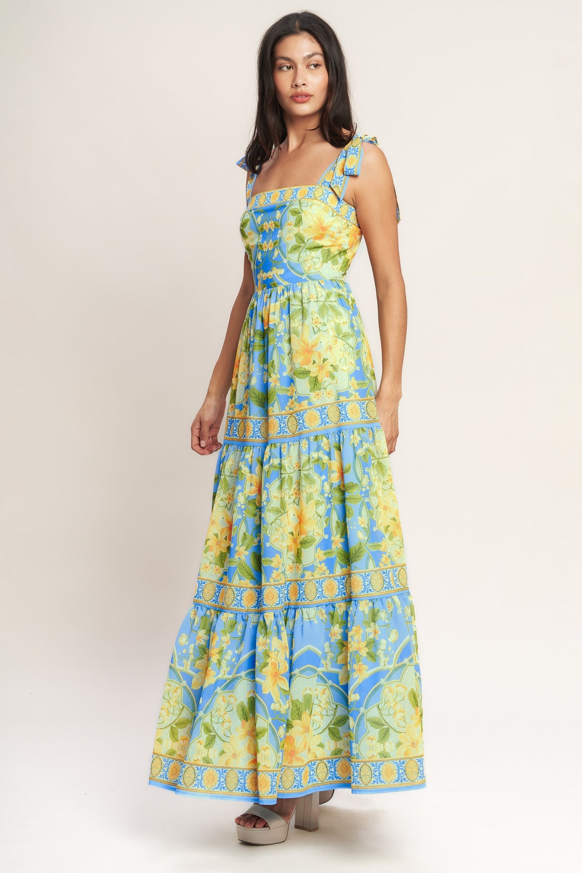 Light Blue Square Neck Tea Length Cotton Cocktail Summer Tie-Strap Tiered Dress Flying Tomato ID23436