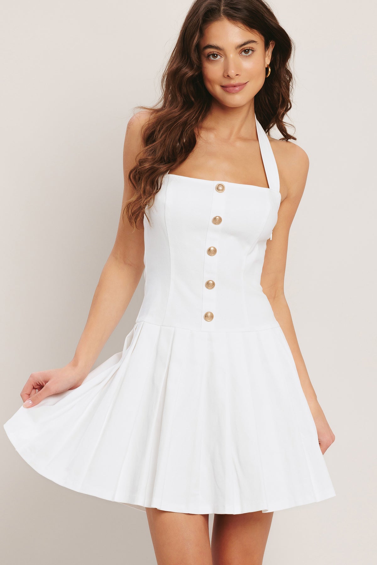 White Denim Square Neck Mini Woven Casual Dress with Front Button Detail Flying Tomato ID23440
