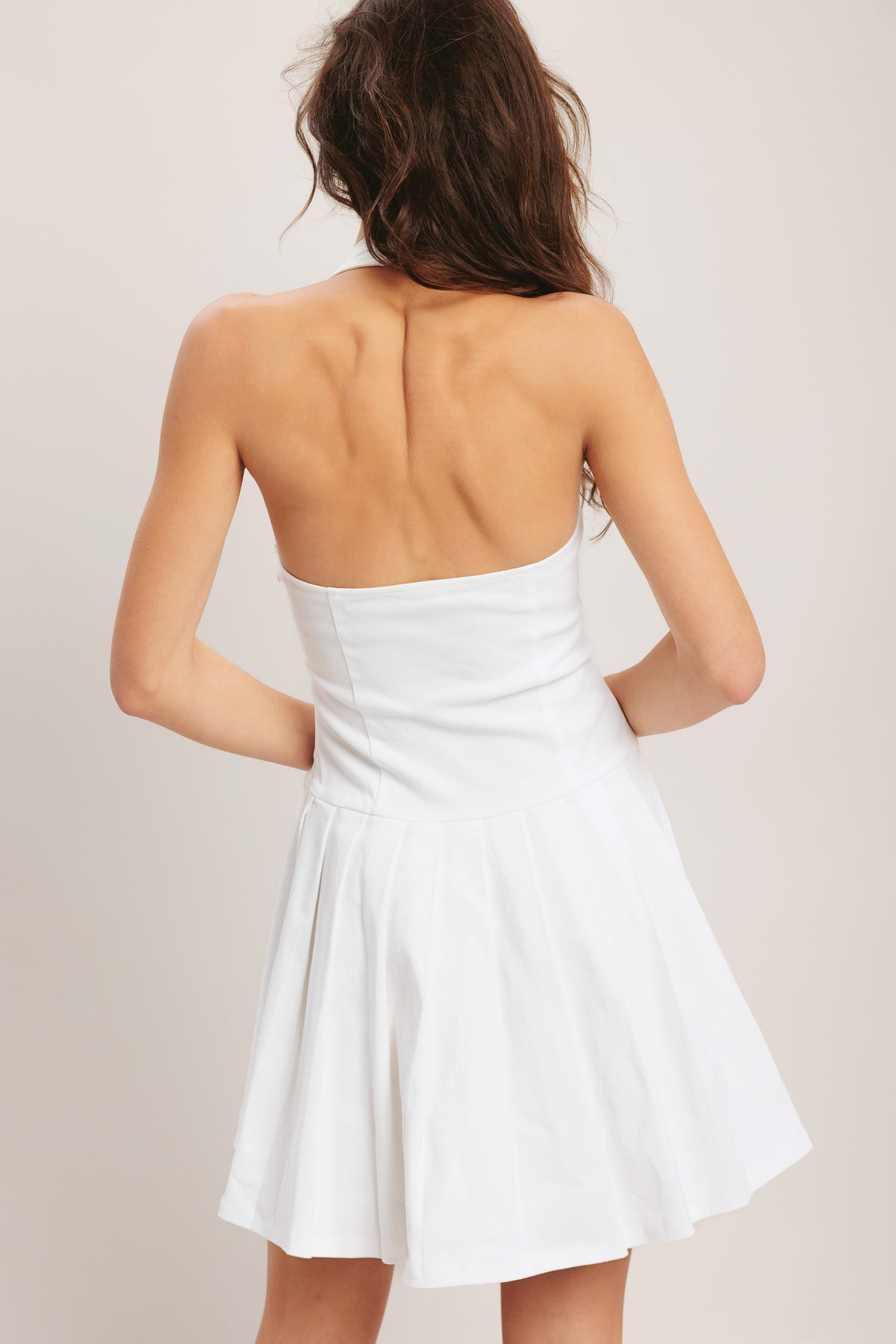 White Denim Square Neck Mini Woven Casual Dress with Front Button Detail Flying Tomato ID23440