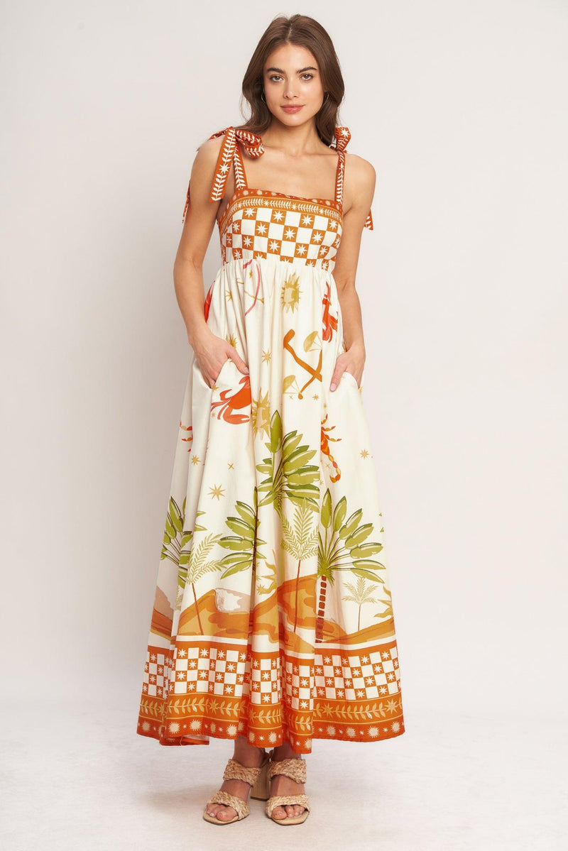 Square Neck Floor-Length Tropical Print A-Line Maxi Dress Flying Tomato ID23441