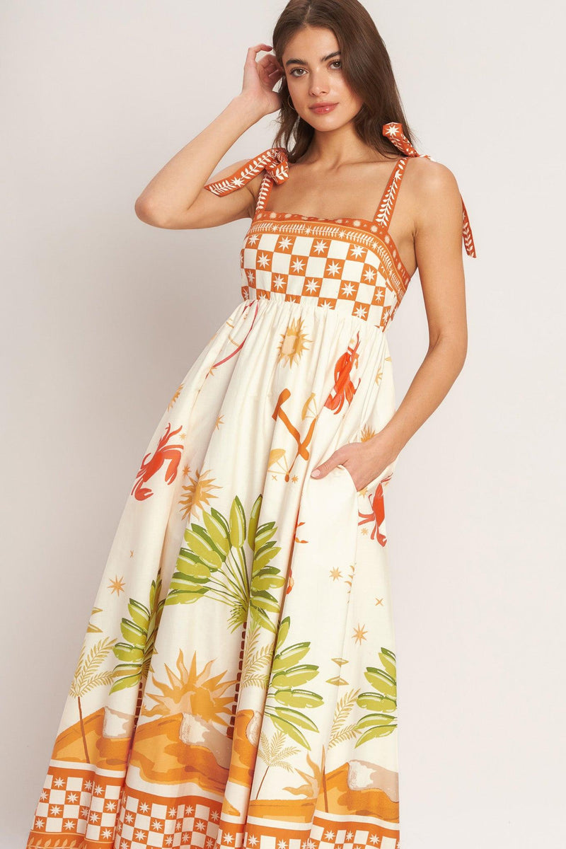 Square Neck Floor-Length Tropical Print A-Line Maxi Dress Flying Tomato ID23441