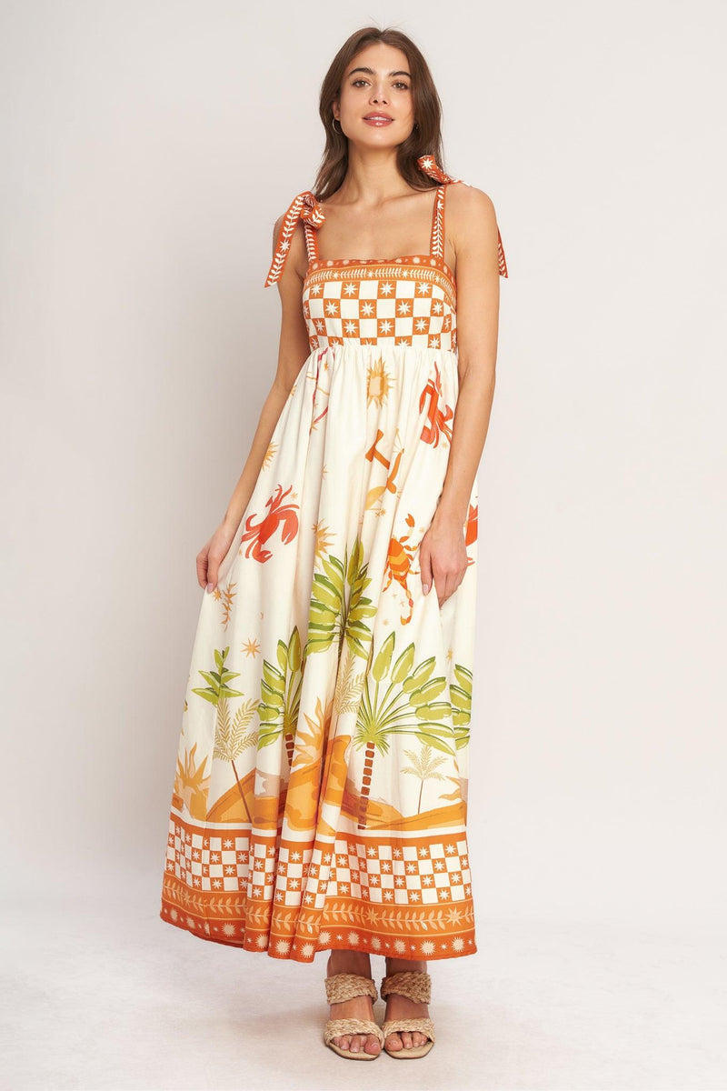 Square Neck Floor-Length Tropical Print A-Line Maxi Dress Flying Tomato ID23441