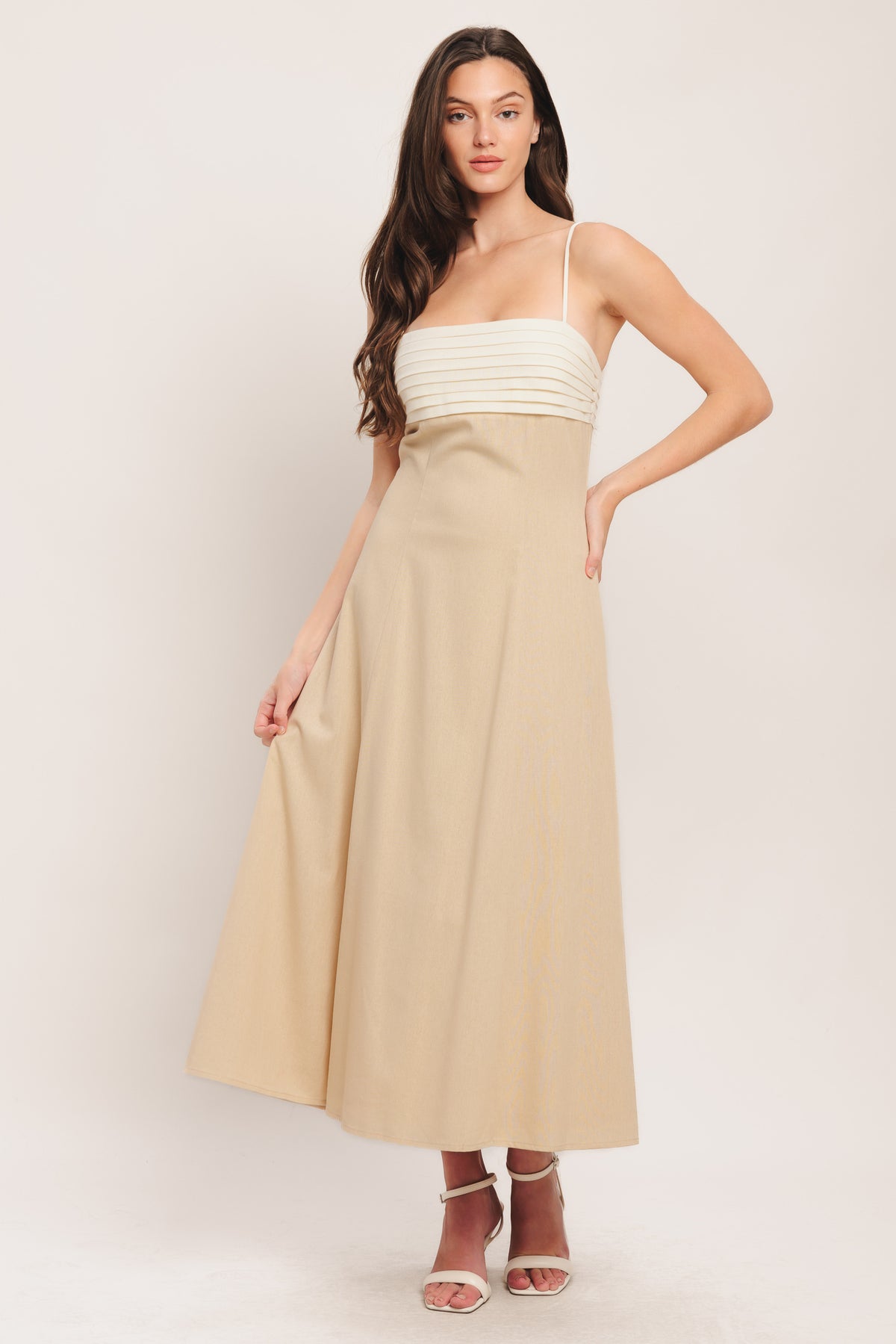 Light Beige Square-Neck Midi Crepe Cockail A-Line Dress Flying Tomato ID23459