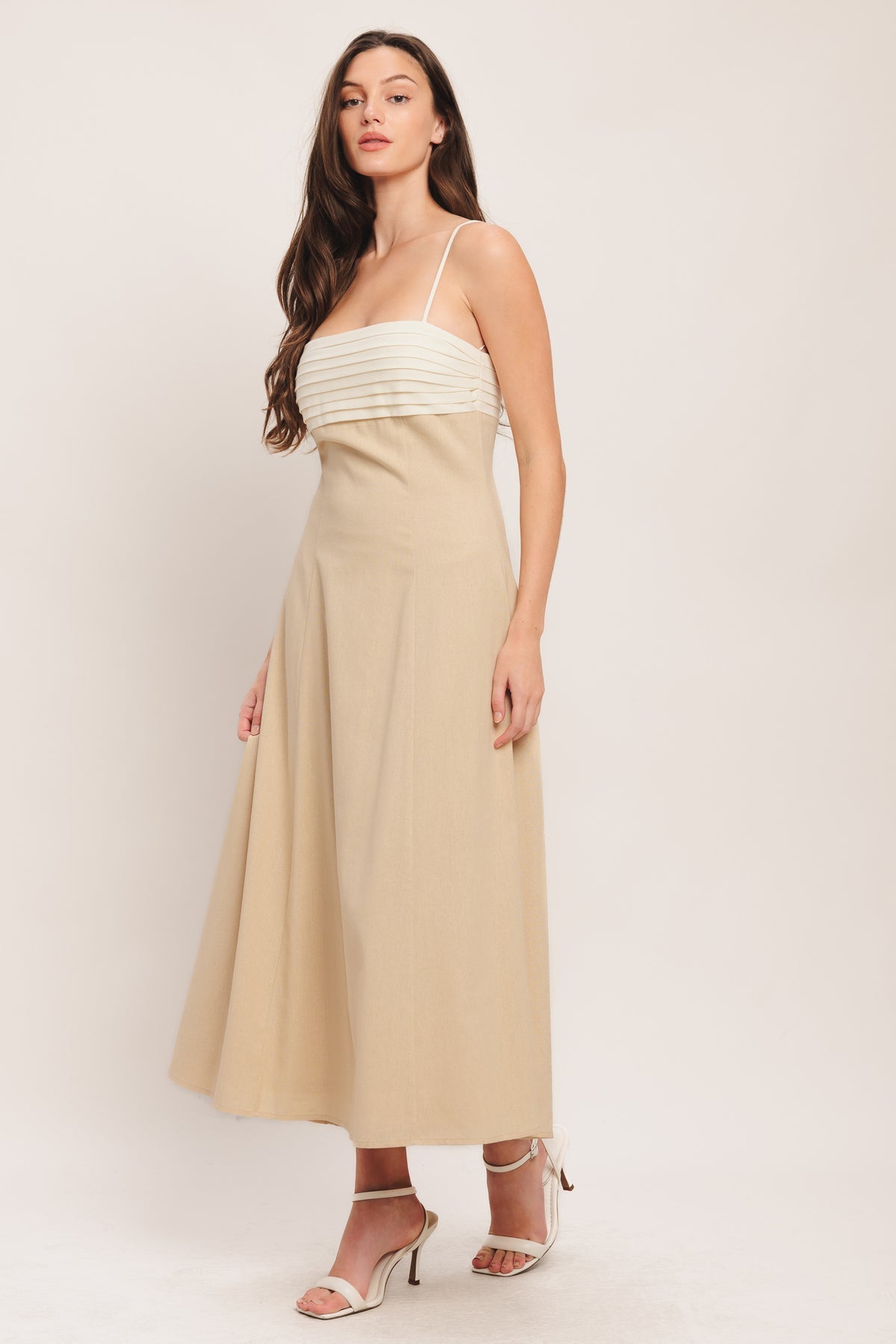 Light Beige Square-Neck Midi Crepe Cockail A-Line Dress Flying Tomato ID23459