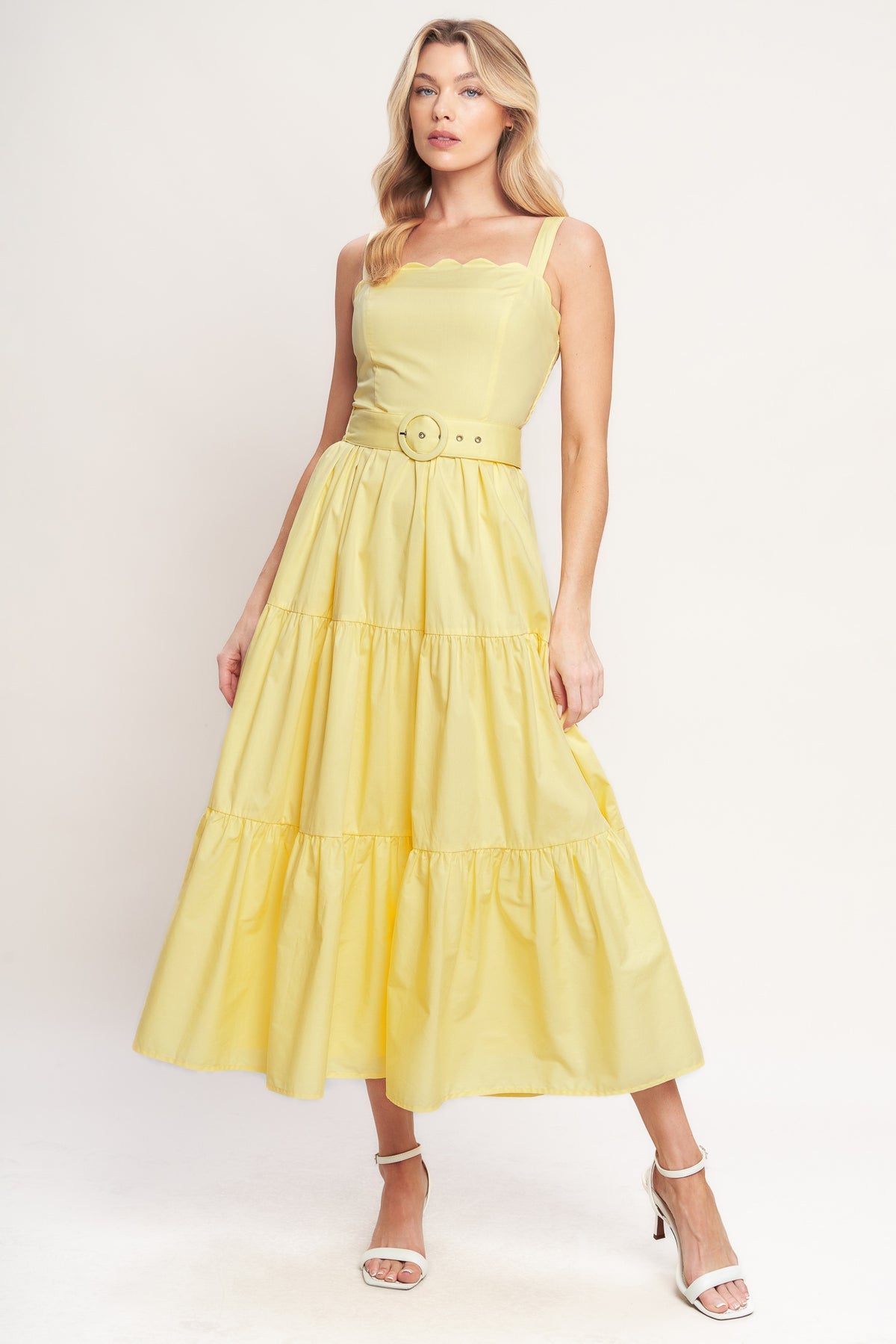 Lemon Yellow Square Neck Midi Cotton Poplin Garden Party Dress with Belt Cocktail Dress Flying Tomato ID23462