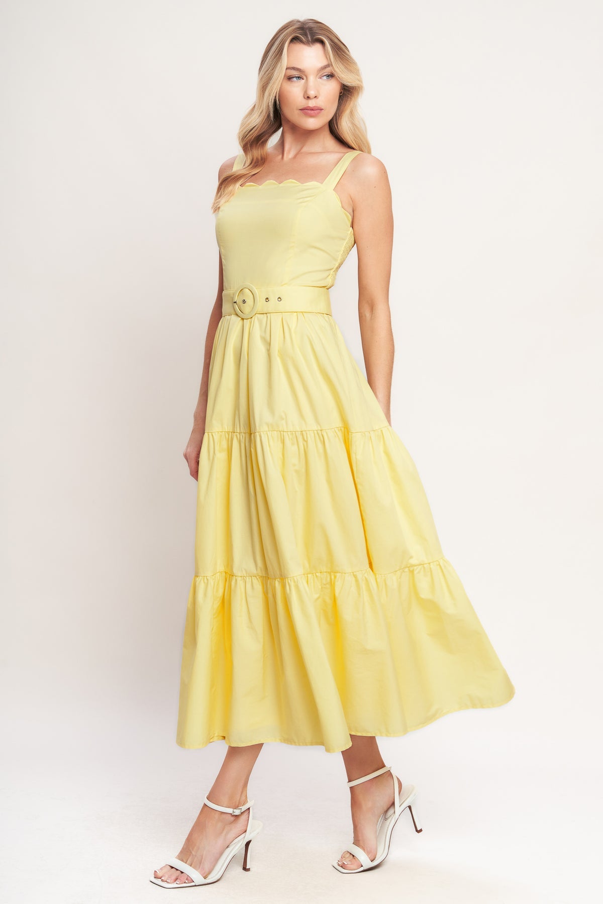 Lemon Yellow Square Neck Midi Cotton Poplin Garden Party Dress with Belt Cocktail Dress Flying Tomato ID23462