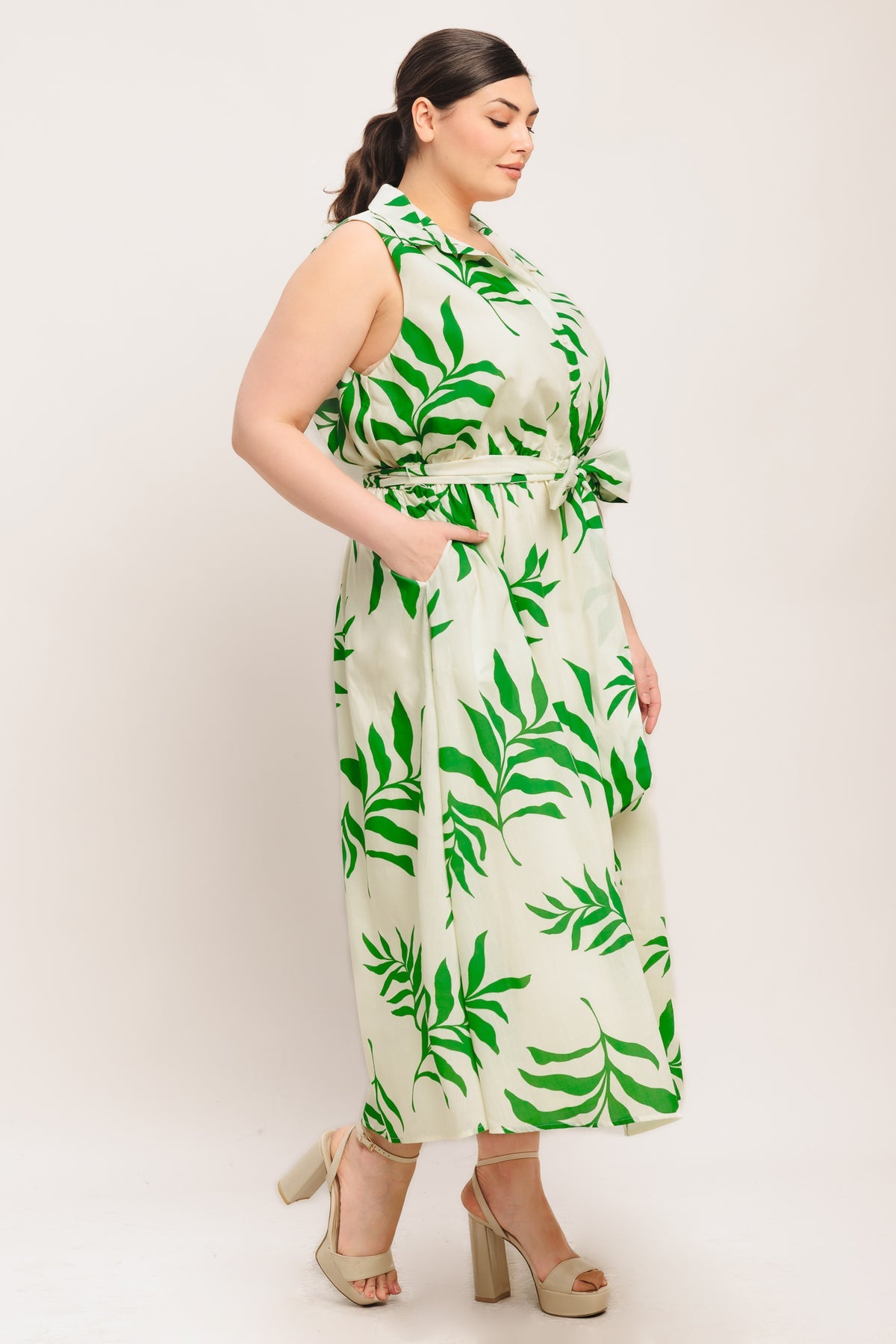 Ivory Green Collared Midi Cotton Floral Cocktail Dress Fit and Flare Midi Gown Flying Tomato ID23465