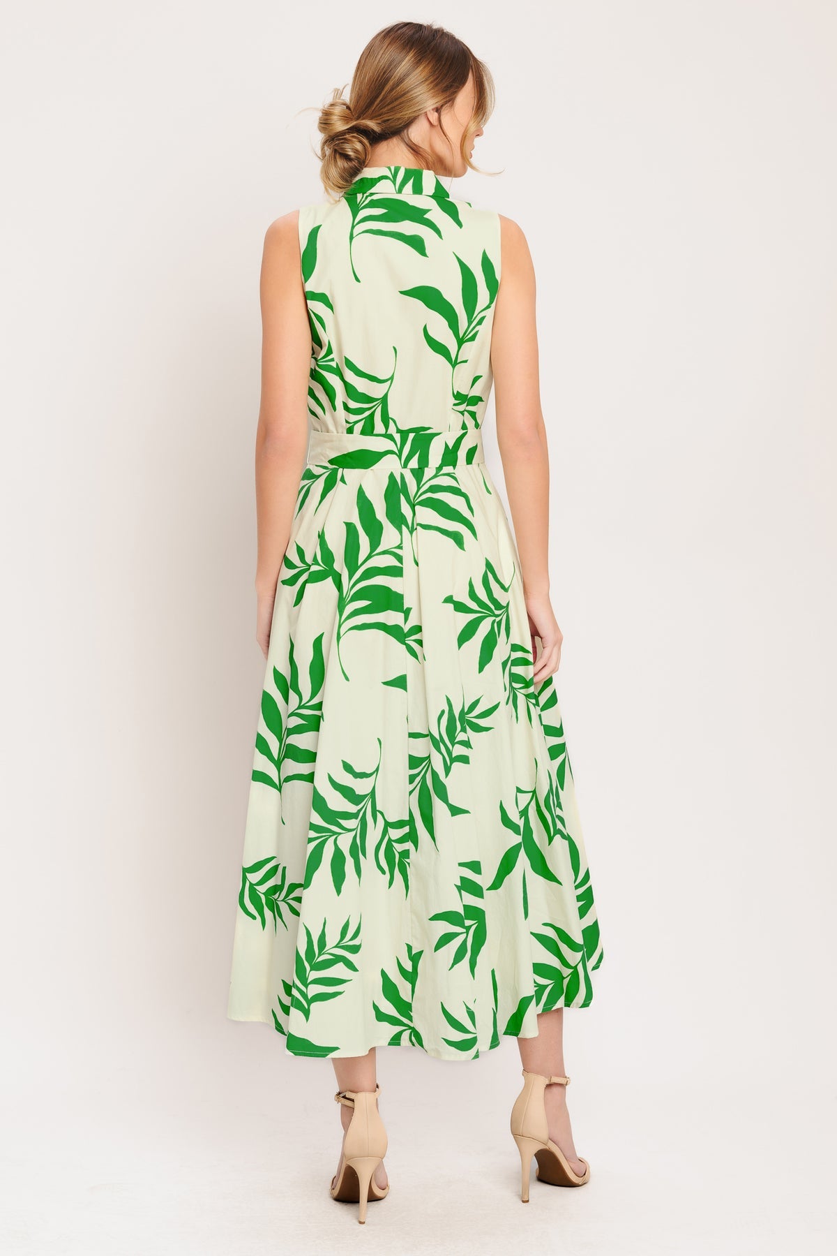 Ivory Green Collared Midi Cotton Floral Cocktail Dress Fit and Flare Midi Gown Flying Tomato ID23465
