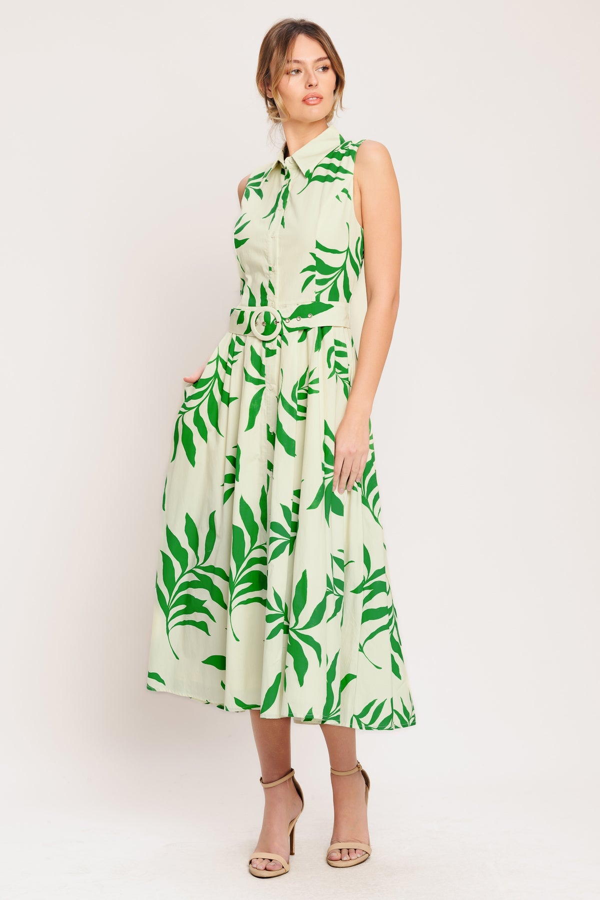 Ivory Green Collared Midi Cotton Floral Cocktail Dress Fit and Flare Midi Gown Flying Tomato ID23465