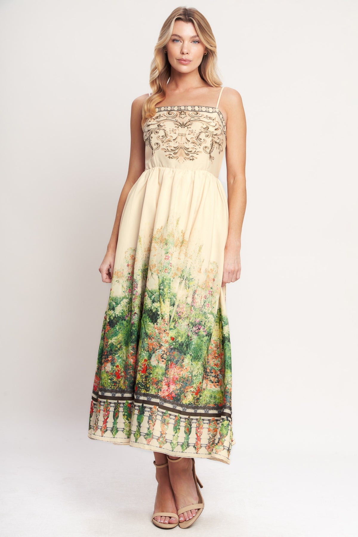 Ivory Green Straight Neck Midi Cotton Printed Cocktail Day Dress Spaghetti Strap Fit and Flare Dress Flying Tomato ID23472