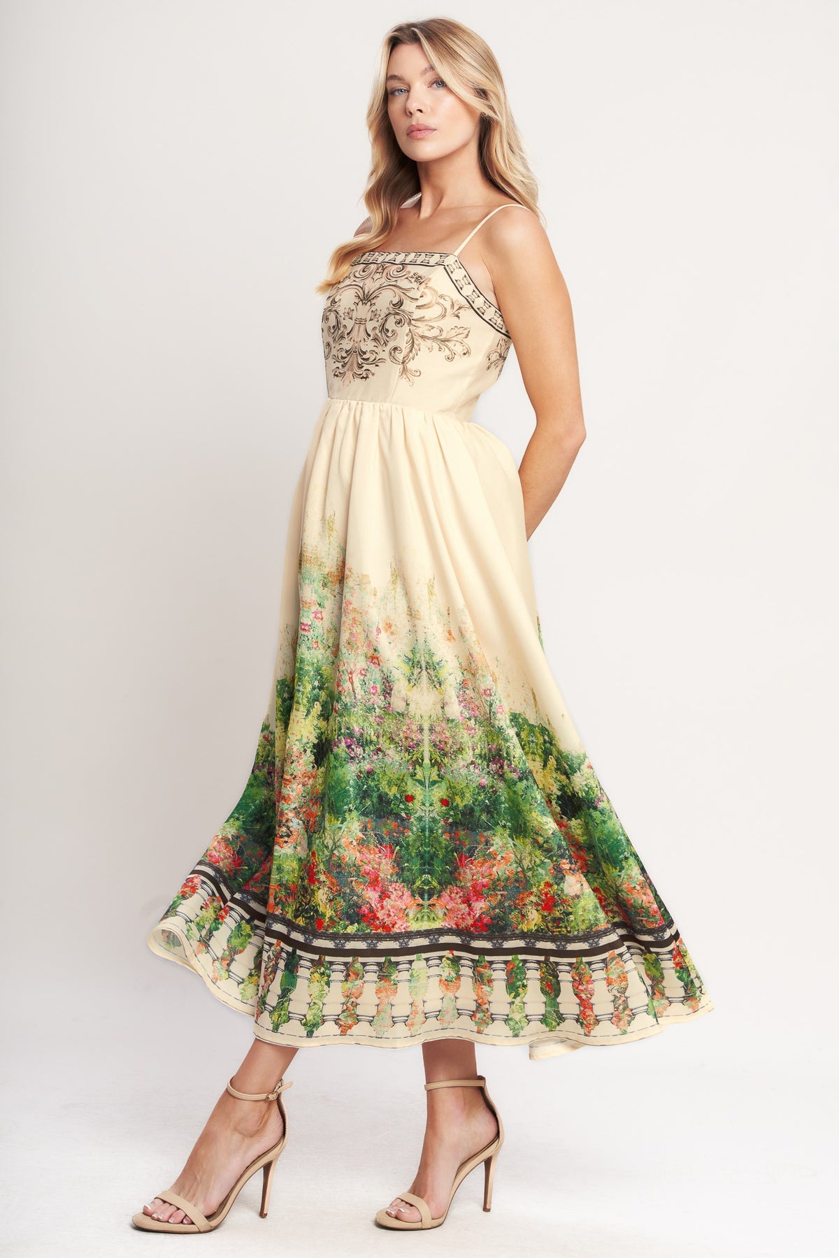 Ivory Green Straight Neck Midi Cotton Printed Cocktail Day Dress Spaghetti Strap Fit and Flare Dress Flying Tomato ID23472