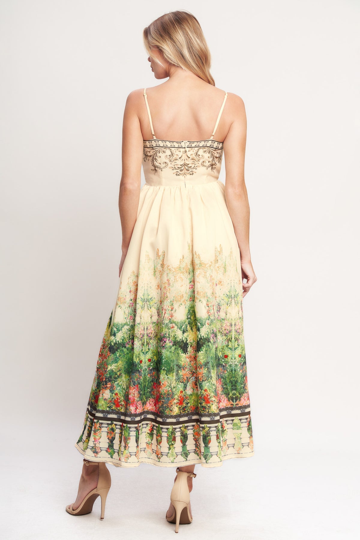 Ivory Green Straight Neck Midi Cotton Printed Cocktail Day Dress Spaghetti Strap Fit and Flare Dress Flying Tomato ID23472