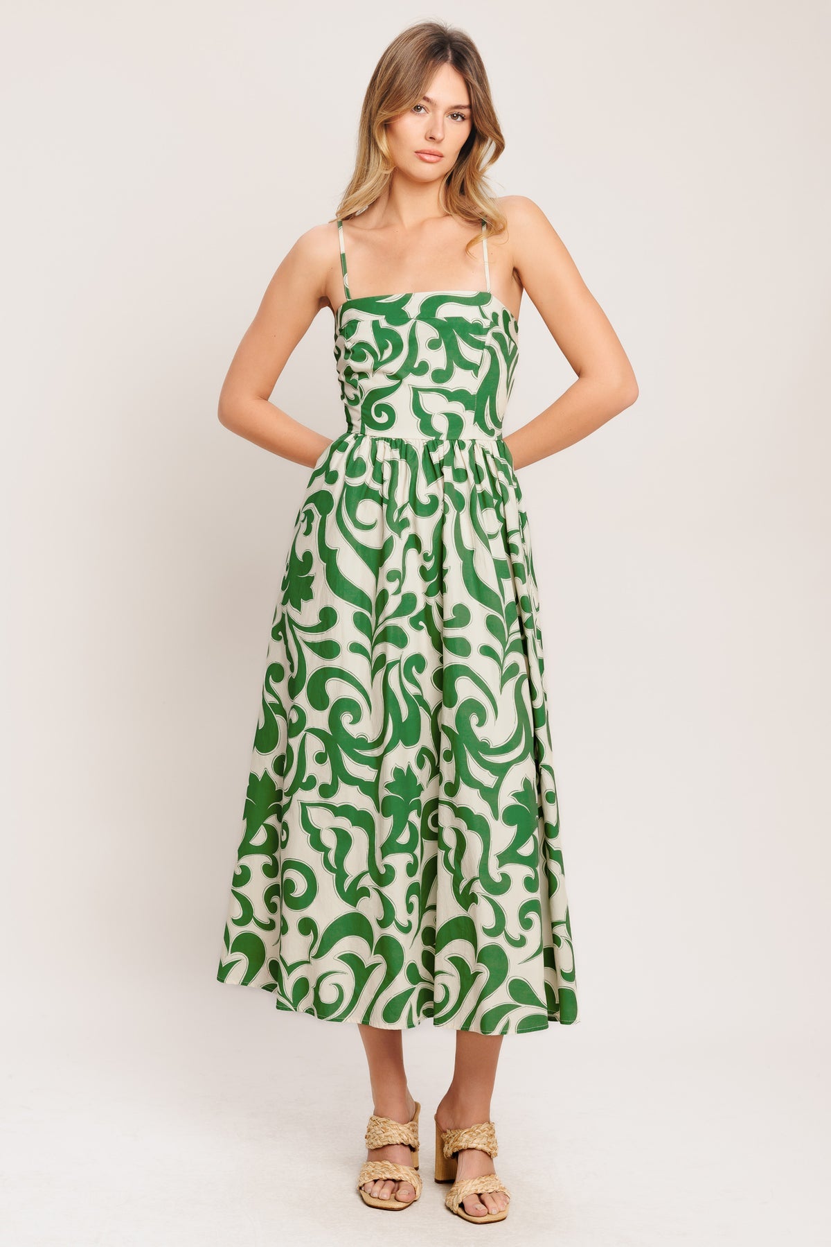 Ivory Green Straight Neck Midi Cotton Printed Cocktail Dress Spaghetti Strap Fit and Flare Dress Flying Tomato ID23476